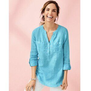 Talbots Womens Linen Pintuck Popover Shirt XL Cross Dyed Button-Tab Sleeves